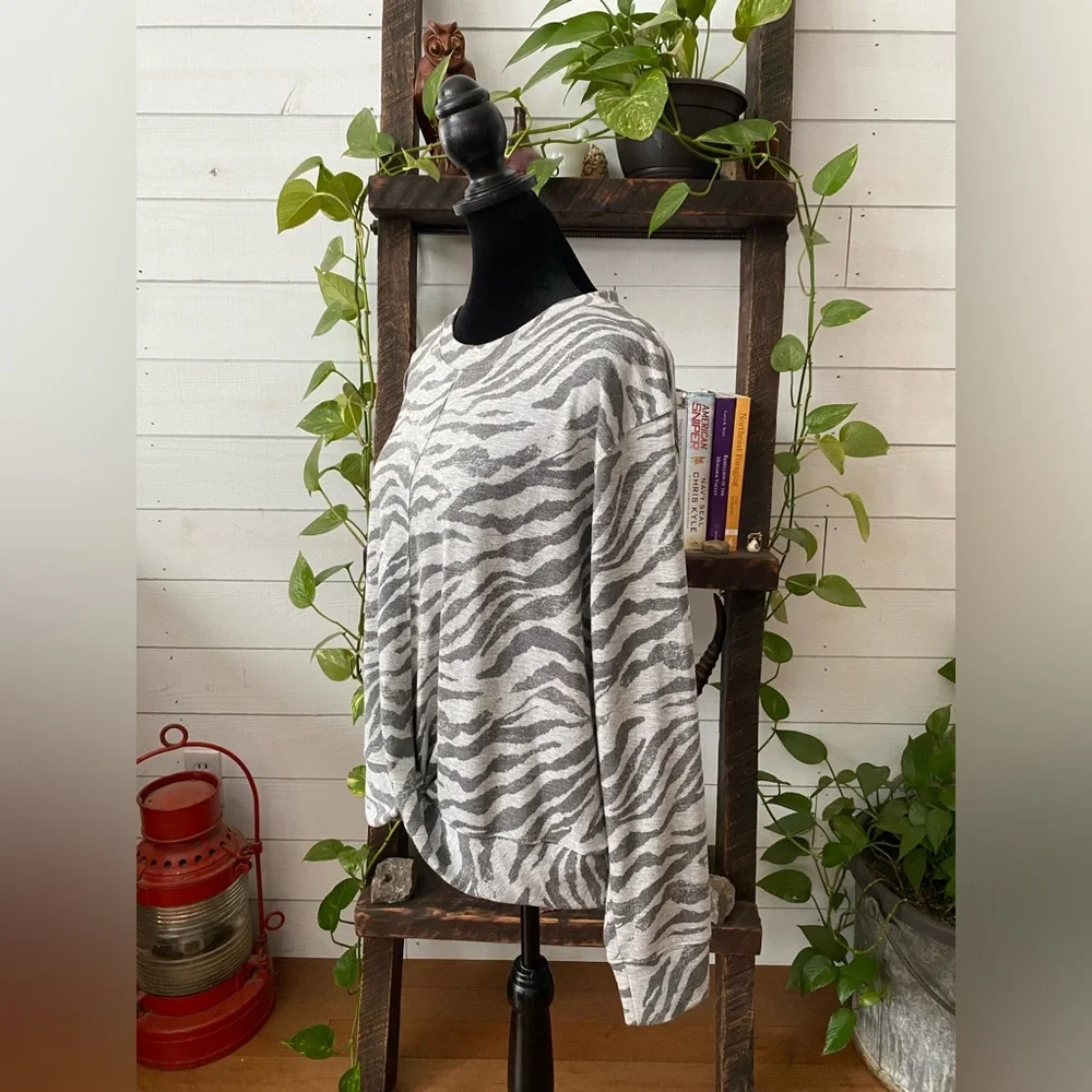 Knox Rose: Gray Zebra Print Sweatshirt with Twist Front
